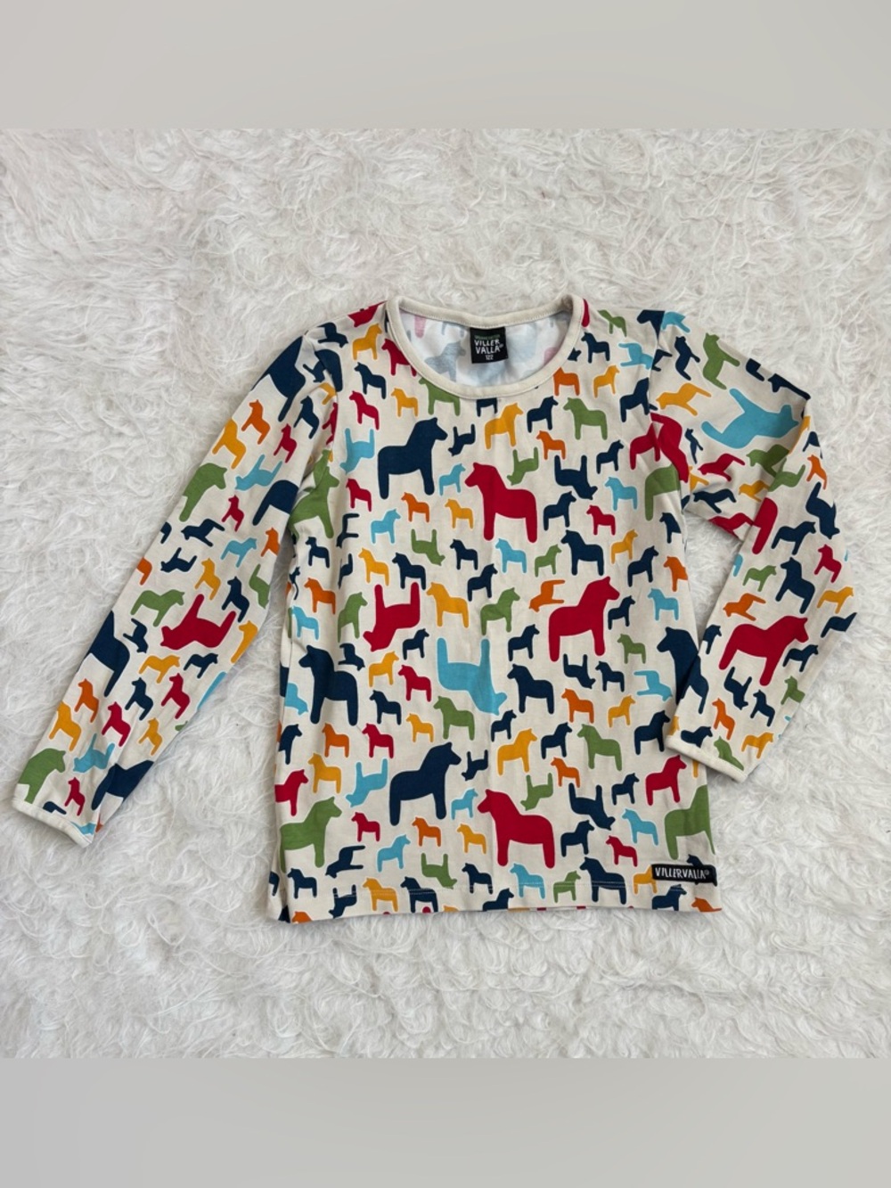 Villervalla Gender Neutral Kids Long Sleeve Tee with Multicolor Horse AOP